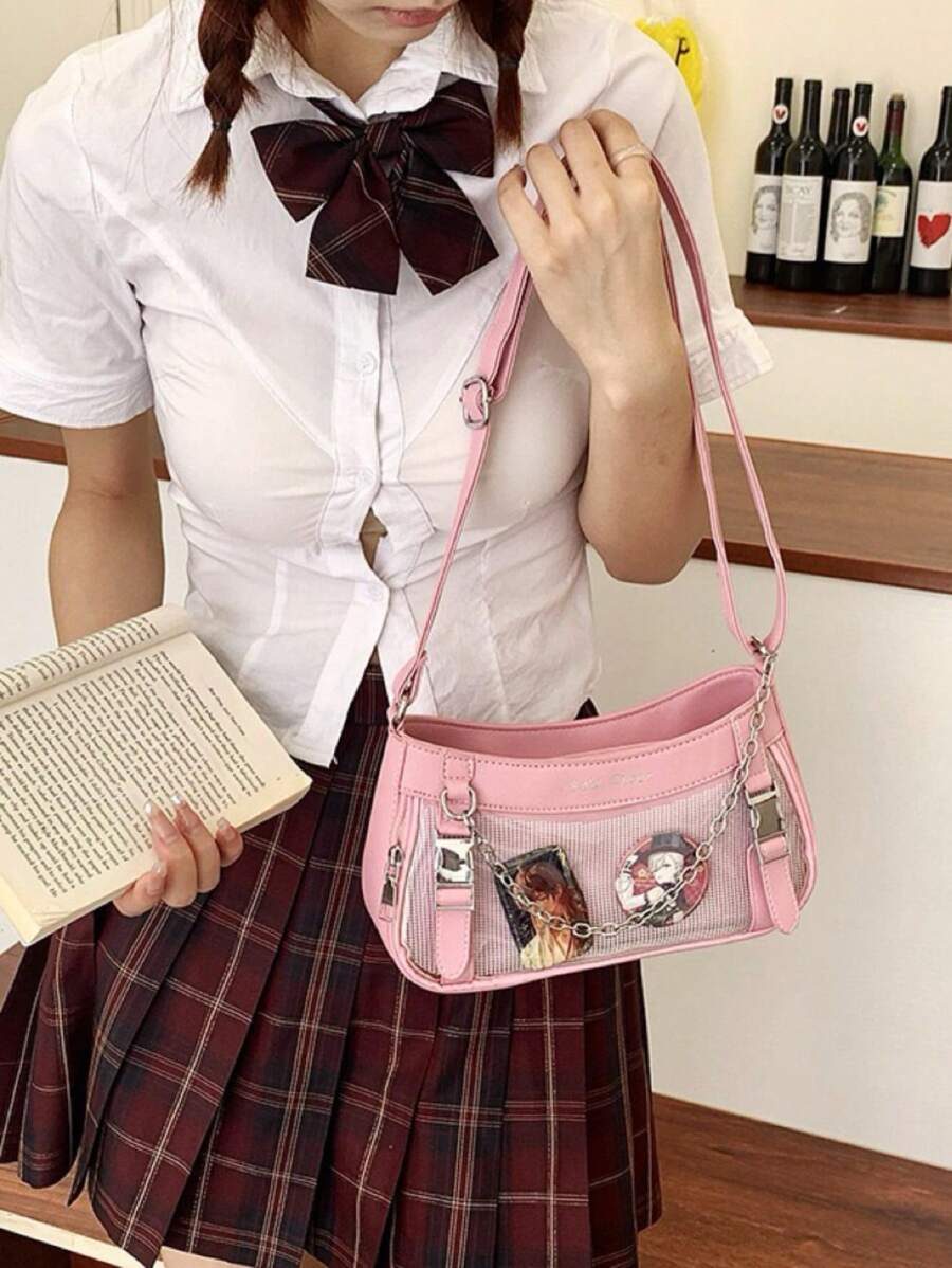日系原宿风时尚Y2K学院风可爱链条透明徽章Ltabag女生休闲百搭单肩斜挎包 - 粉色 - 查看 1