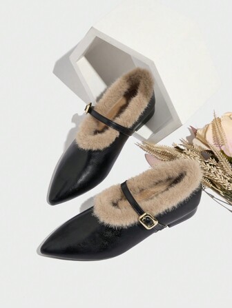 Fluffy Mary Jane Shoes, Pointed Toe, Chunky Heels, Low Heels, Furry, Warm Lining, Fashionable Outdoor Wear, Versatile Leather Shoes For Women In Winter