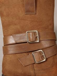 Camel Multi-Strap Buckle Mixed Materials Slip-On Chunky Heel Square Toe Comfortable Chelsea Boots, Versatile Office & Casual Style Ladies Booties
