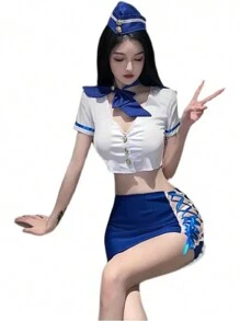 女士成熟空姐制服头带、领带、上衣和迷你裙套装，适合派对 - 空姐女警制服 - 查看 4