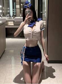 女士成熟空姐制服头带、领带、上衣和迷你裙套装，适合派对 - 空姐女警制服 - 查看 5