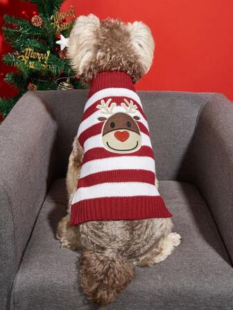 Teddy Poodle Puppy Sweater Reindeer Stripe Design Pet Knitwear For Christmas & New Year