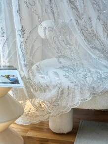 1pc Luxury French Style Embroidered Voile Curtain, Glittering Beaded Applique Elegant Sheer Window Drape, Lightweight And Breathable For Bedroom, Living Room, Dining Room, Chic Home Decor