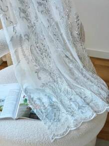 1pc Luxury French Style Embroidered Voile Curtain, Glittering Beaded Applique Elegant Sheer Window Drape, Lightweight And Breathable For Bedroom, Living Room, Dining Room, Chic Home Decor