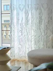1pc Luxury French Style Embroidered Voile Curtain, Glittering Beaded Applique Elegant Sheer Window Drape, Lightweight And Breathable For Bedroom, Living Room, Dining Room, Chic Home Decor