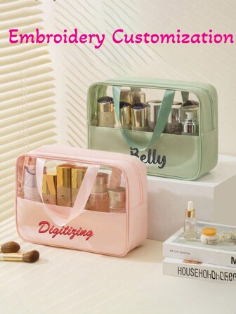 1pc Customized Embroidered Name Transparent Cosmetic Bag, Large Capacity Makeup Organizer, Portable Waterproof Toiletry Bag For Travel, Makeup And Toiletry Storage, Suitable As Gift For Family And Friends
