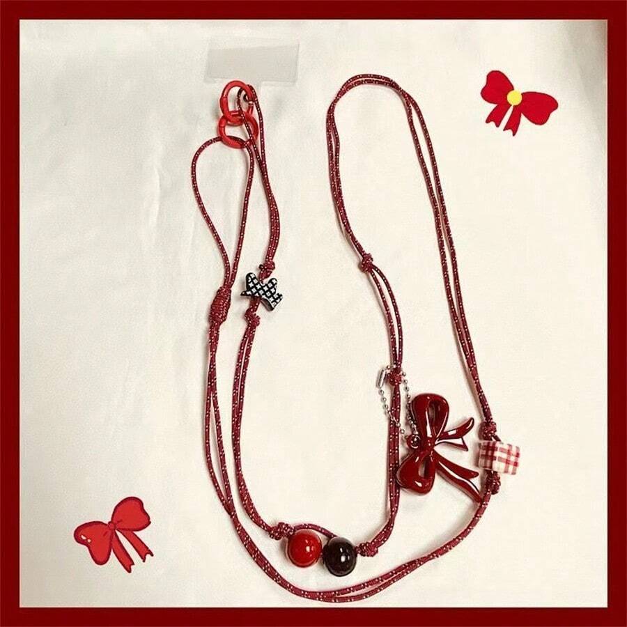 原创木质串珠手机挂绳 手工设计 高品质手机/包包斜挎绳 女士圣诞礼物 感恩节礼物 冬季礼物 女士蝴蝶结 - 紅色 - 查看 1