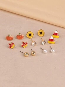 4-7 对优雅感恩节耳环套装，适合女士，南瓜、枫叶、向日葵和雏菊图案，耳环采用多种颜色组合，无卡包装，合金配不锈钢耳针，非常适合节日派对和休闲装 - 彩色 - 查看 7