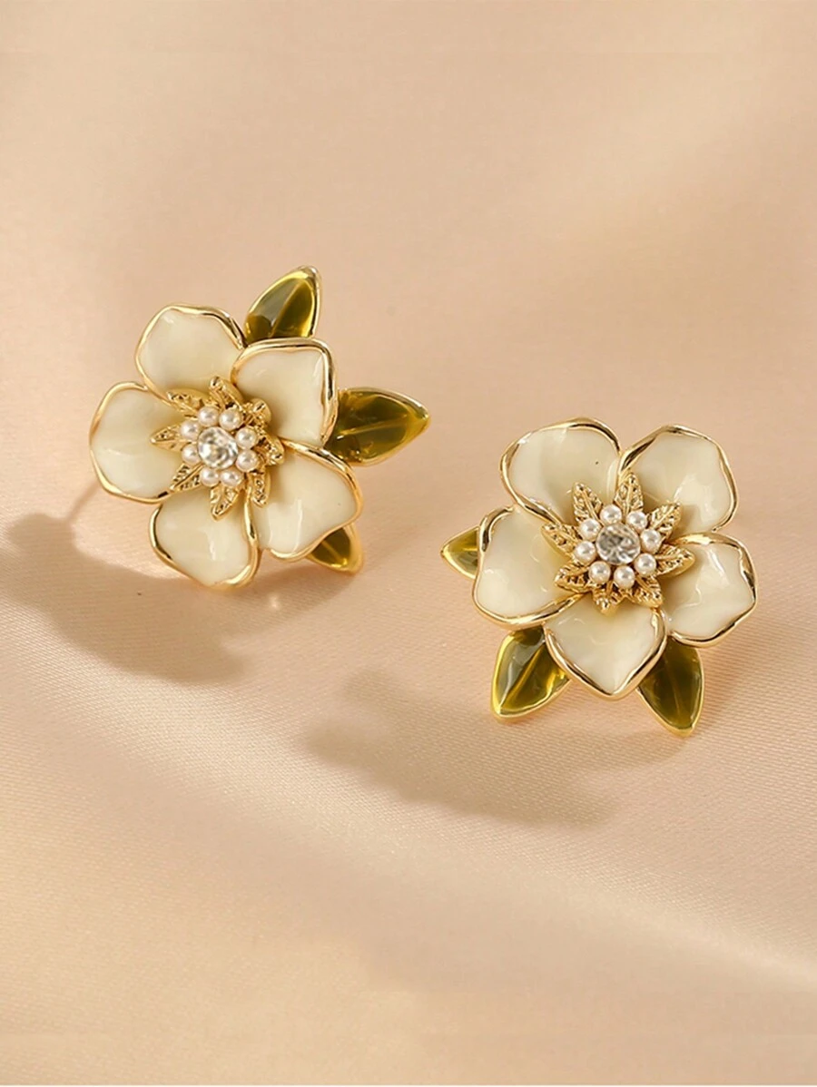 1pair Fashion Zinc Alloy Faux Pearl & Rhinestone Decor Flower Stud Earrings For Women For Daily Decoration Valentines,Mom,Mother,Mother's Day,Gift