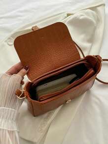 Bolso cruzado decorativo de piel con estampado de cocodrilo en unicolor de moda - Marrón - Ver 3