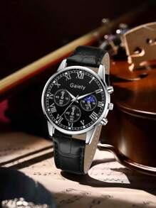 1 件装 男士 PU 皮革表带 复古时尚商务休闲字母刻度圆形表盘石英手表 - 均碼 - 查看 6