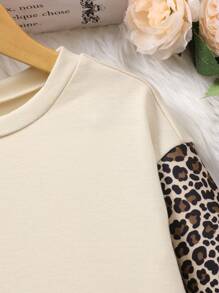 Older Tween Girl Girls Leopard Print Patchwork Round Neck Long Sleeve Casual Sweatshirt