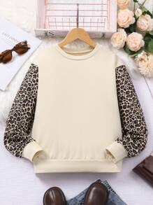 Older Tween Girl Girls Leopard Print Patchwork Round Neck Long Sleeve Casual Sweatshirt