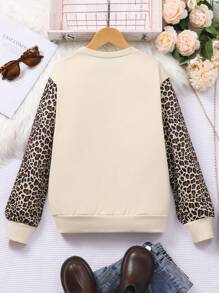 Older Tween Girl Girls Leopard Print Patchwork Round Neck Long Sleeve Casual Sweatshirt