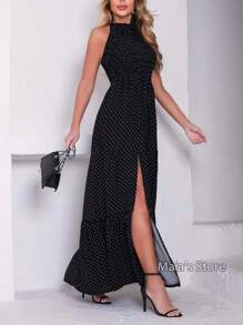 Elastek Elegant Slit Halter Neck Long Dress - Black and White - View 1