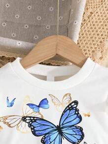 Baby Girl Butterfly Print Cap Sleeve Top And Casual Comfortable Pants Set