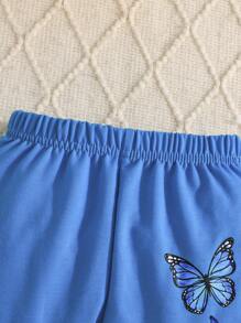 Baby Girl Butterfly Print Cap Sleeve Top And Casual Comfortable Pants Set