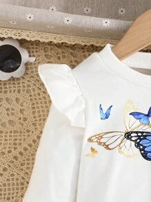 Baby Girl Butterfly Print Cap Sleeve Top And Casual Comfortable Pants Set