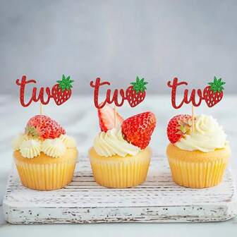 24pcs Strawberry Two Cupcake Toppers Strawberry Theme Party Cupcake Picks For Birthday Wedding Party Summer Garden Party Decoration Supplies