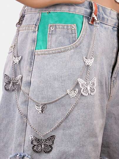 1pc Men Silver Metal Trouser Chain, Fashionable Multi-Layer Hollow Butterfly Pendant Chain, Punk Hip-Hop Style Accessory For Jeans Decoration Halloween Summer, School Autumn-Winter Accessories Halloween Costume,Suitable For Teens, Youth,Men,Casual, Outdoor, Athletic, Vacation, Graduation Gifts, Birthday, Daily Wear