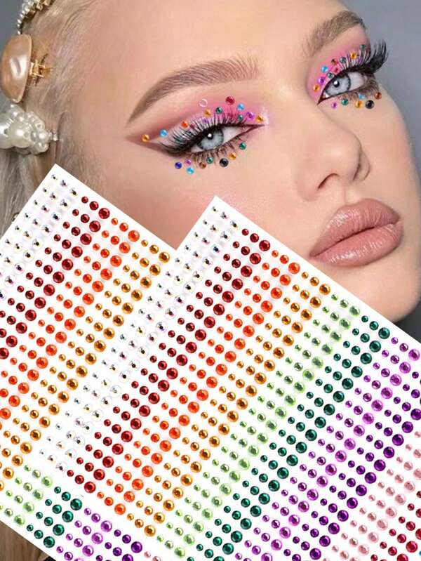 2pcs Multicolor 15 Shades Mixed 3D Rainbow Rhinestone Face Gems, DIY Jewel Stickers For Hair, Eyes, Face, Body Decoration, Festival, Music Party, Makeup, Holiday Gift