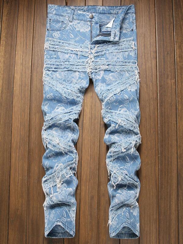 Men's Fashionable Jacquard Embroidered Frayed Hem Denim Jeans