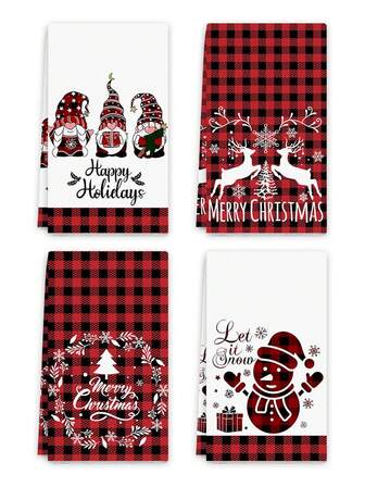 4 件圣诞手巾，“圣诞快乐”，雪人和松树图案，适合圣诞节厨房和浴室装饰