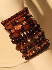 12 件/套串珠木质和双色深咖啡色手链，适合女性聚会、宴会和日常佩戴 - 咖啡 - 查看 5