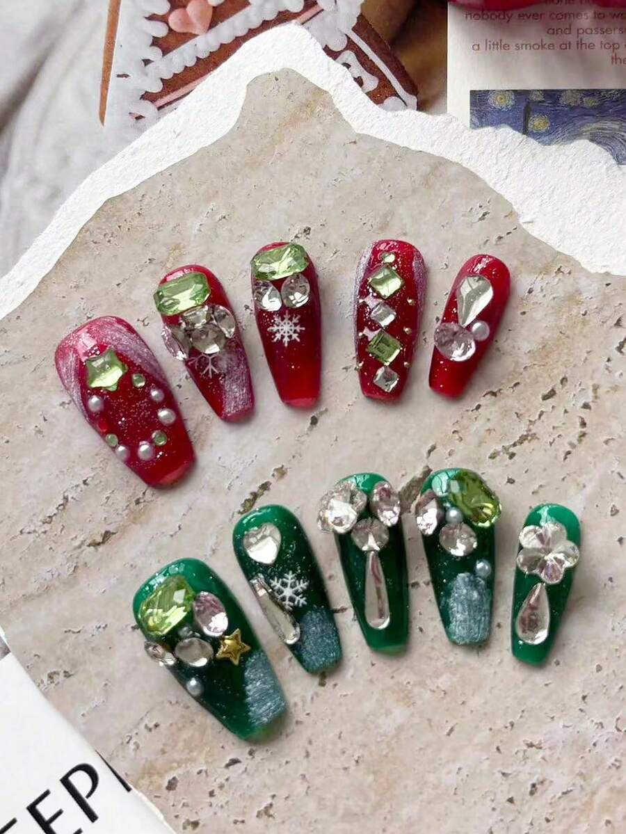 10 件套长棺材形手工 DIY 人造指甲，圣诞美甲贴纸，红绿闪亮水钻，奢华潮流派对节日时尚指甲贴纸，带无损凝胶和指甲锉 - 粉色 - 查看 1