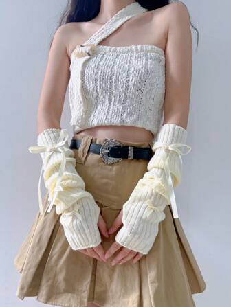 1 Pair Women Ballet Style Arm Warmers, White/Light Yellow/Black Bow Knitted Fingerless Gloves & Arm Sleeves Set, Y2K Aesthetic With Tassel Bow, Suitable For Daily Wear, Outing, Party, Work, Cozy