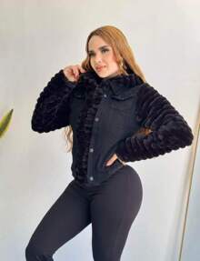 YOUTH STRETCH DENIM JACKET WITH SHEARED LINING AND PLUSH SLEEVES, JOCELYN MODEL - Black - View 5