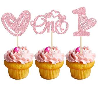 12pcs Happy Valentine's Day First Birthday Cupcake Toppers Valentine One Cake Toppers Heart One Cupcake Picks For Valentine Theme Birthday Party Supplies