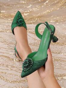 Venus Chan- Green Colour Wedding High Heels For Women Italy Design Rhinestone Decorate Pointed-Toe Gorgeous Parties 2024 INS Lady Plus Size Shoes Party Pumps - Green - View 2