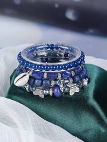 4 件波西米亚风格时尚水晶和贝壳珠多层弹性手链，适合女士，情人节/周年纪念日/生日礼物，适合情侣、朋友、家人惊喜 - 米色 - 查看 1