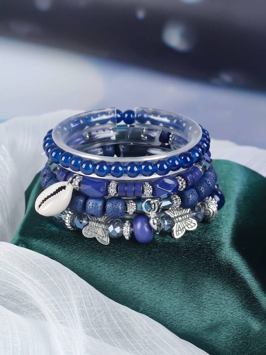 4 件波西米亚风格时尚水晶和贝壳珠多层弹性手链，适合女士，情人节/周年纪念日/生日礼物，适合情侣、朋友、家人惊喜 - 米色 - 查看 1