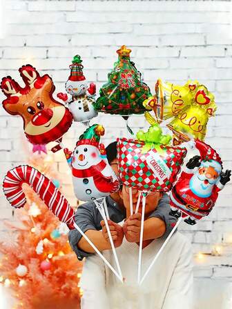 10 个/套微型节日主题铝箔气球，适合新年和派对 - 适合 14 岁及以上 - 圣诞老人、驯鹿、姜饼人设计 - 无需电源