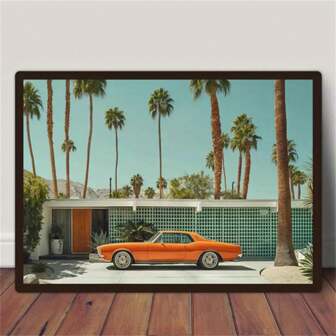 1pc Vintage Palm Springs Car Illustration - Mid-Century Modern Canvas Art Print, Frameless Summer Landscape Wall Decor For Living Room, Bedroom, Office & More