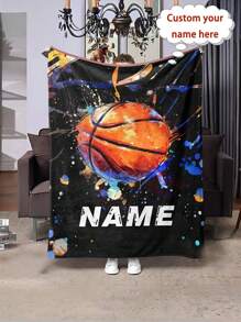 1 Customizable Basketball-Themed Flannel Blanket - Polyester Knit Digital Print, All Seasons, Tear-Resistant, Multi-Purpose Bedding, Stain-Resistant, Machine Washable, Suitable For Home, Office, And Outdoors - Personalized Gift Blanket, Breathable, Lightweight, Washable, Cute, Loving, Warm, Comfortable, Soft, Simple, Customizable, Personalized, Unique