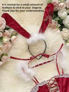 Conjunto de 4 piezas de lencería sexy de conejita para Navidad: body, sudadera, diadema de conejita, bufanda de encaje, uniforme de terciopelo con plumas halter, lencería desmontable con bola de pelo (talla única) - Ver 5