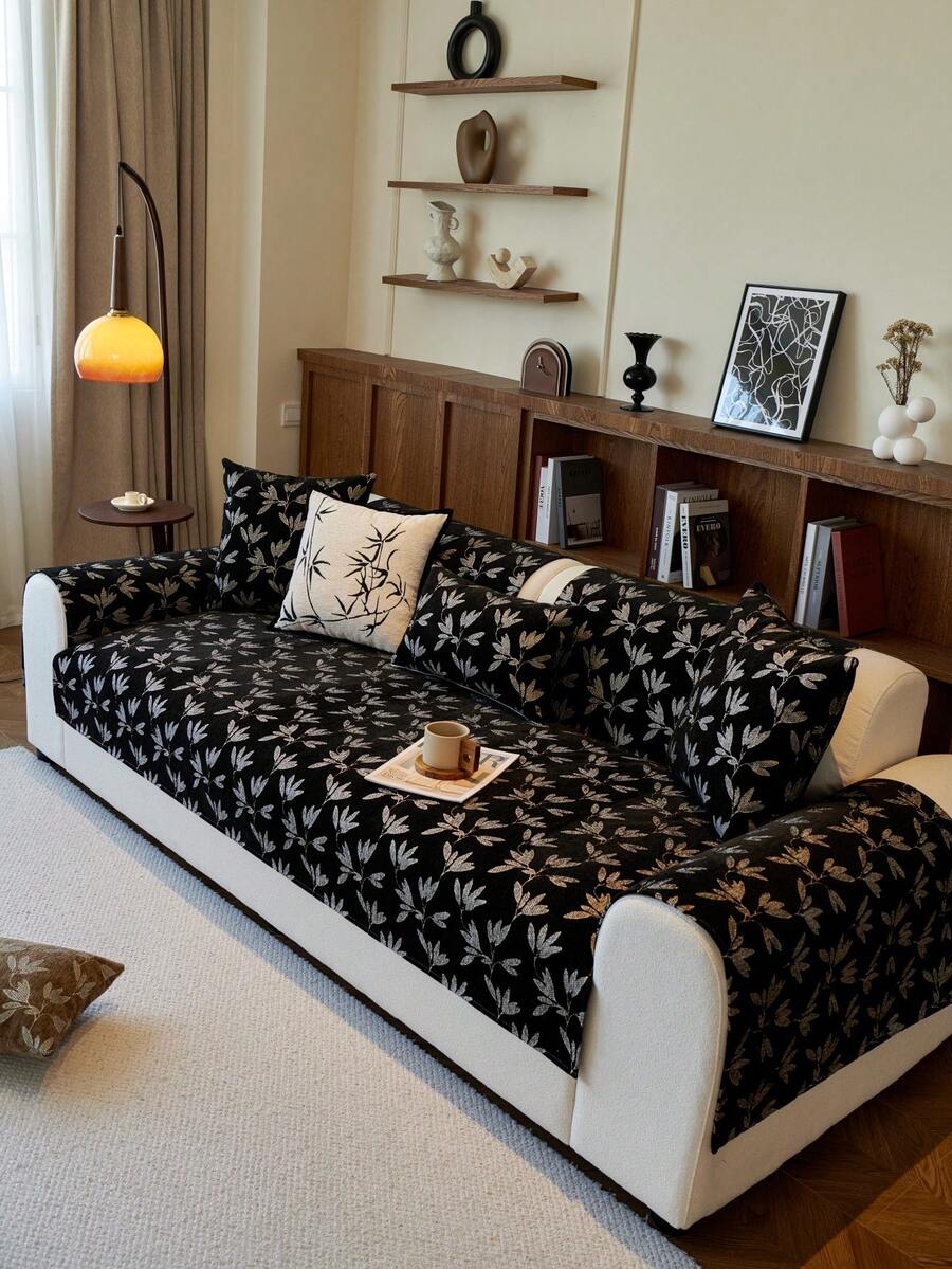 1 件雪尼尔沙发垫，防滑，适合所有季节 - 黑色 - 查看 1