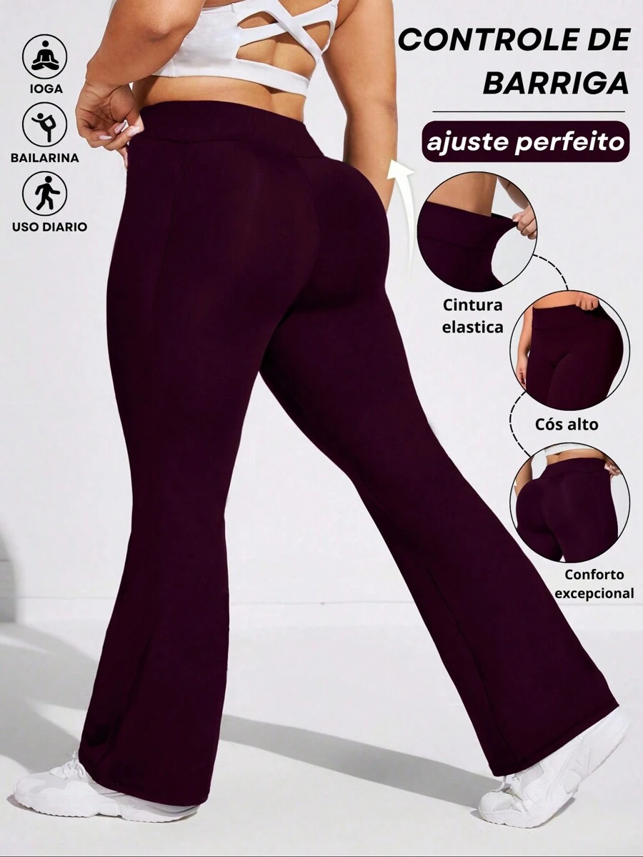 Flare Ballerina Pants Plus Size Thick Fabric High Waist In Suplex Polyester Comfort With Wolfox - Burgundy - View 1