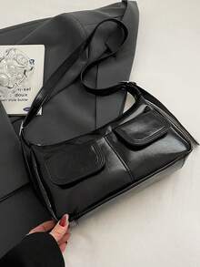 BEIKAMU 1 chiếc túi đeo nách nhiều ngăn bằng da PU bóng, thời trang cổ điển, đi làm hàng ngày, xu hướng đa năng - màu đen - Xem 9