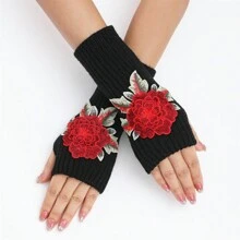1 Cặp Găng tay hở ngón thêu hoa thủ công phong cách cổ điển, Găng tay giữ ấm cổ tay ngắn cho mùa thu/đông - Nhiều màu - Xem 13