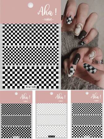 1pc Checkered & Houndstooth Nail Sticker, Waterproof Self-Adhesive Cuttable, Black & White Line Nail Art Decals, Fashionable Ins Style Nail Decorations