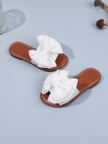 一双女童夏季平底拖鞋蝴蝶结设计软底休闲沙滩鞋时尚拖鞋 - 白色 - 查看 5