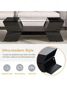 6Mm Glass-Top Coffee Table,Modernist 2-Tier Center Table For Living Room, With Open Shelves And Cabinets,With Ample Storage SpaceGeometric Style,Good Waterproof Performance,Black.,Victory Store