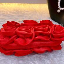 Torebka satynowa z kwiatem róży, elegancka torebka damska Niche Bridal, torebka na ramię dla druhny, torby imprezowe Tready, idealne na imprezę, wesele, bal, kolację/bankiet - Czerwony - Zobacz 9