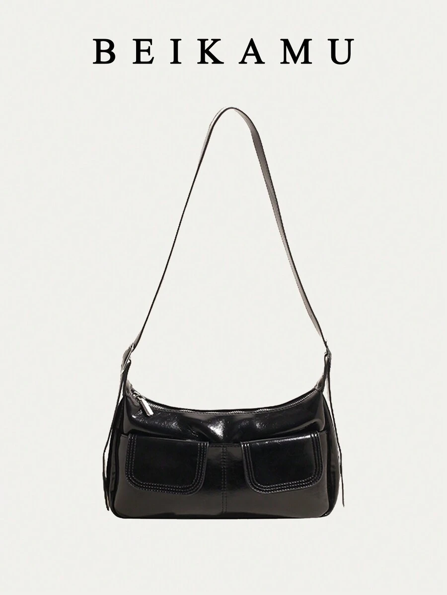 BEIKAMU 1 chiếc túi đeo nách nhiều ngăn bằng da PU bóng, thời trang cổ điển, đi làm hàng ngày, xu hướng đa năng - màu đen - Xem 1