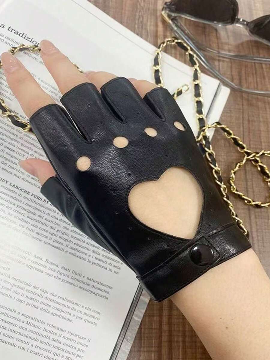 1 双男女通用朋克风格镂空穿孔仿皮无指手套，带装饰符号，适合所有季节的街头时尚派对 - 多色 - 查看 1