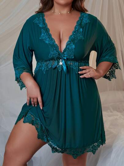 Plus Size Sexy Lace Trim V-Neck Sleeveless Nightgown - Comfortable Sleep Wear And Loungewear